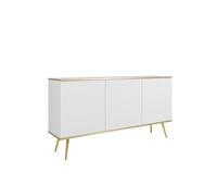 FURNLUX ORO Buffet blanc avec accents dorés, mélamine/MDF/ABS, 160 x 39 x 85 cm, 3 portes, 6 compartiments, design moderne