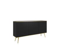 FURNLUX ORO Buffet noir avec accents dorés, mélamine/MDF/ABS, 160 x 39 x 85 cm, 3 portes, 6 compartiments, design moderne