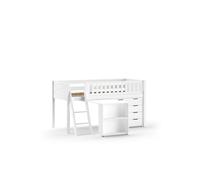 FURNLUX Scott Lit mezzanine 90 x 200 cm, blanc, en pin scandinave, avec échelle, bureau et 3 tiroirs, 135 x 208 x 114 cm