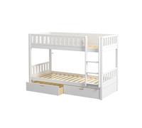 FURNLUX Viggo Lit superposé, 90 x 200 cm, pour enfant, avec tiroirs, en bois de pin, blanc, 208 x 102 x 144 cm, moderne, espace de rangement, mat, kit complet, dimensions du matelas 90 x 200 cm