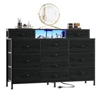 Furnulem Commode en tissu long pour chambre à coucher avec lumières DEL et prises de courant, 12 grands tiroirs de rangement en tissu avec 2 étagères, pour placard, salon, entrée, dessus en bois,
