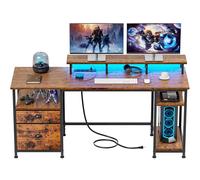 Furologee Bureau d'ordinateur de 155 cm avec prise de courant et lumières LED, bureau avec tiroir d'armoire en tissu, grande table réversible avec étagères et support de moniteur, table d'étude pour