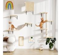 Furpal Mur d'escalade pour chat - 5 pièces - Mur mural pour chat d'appartement, avec maison pour chat, pont pour chat, colonne à gratter et griffoir - Peu encombrant - Beige