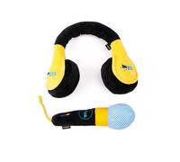 Furry Fables Ensemble de jouets interactifs pour chien en peluche noir et jaune avec microphone, jouets couineurs pour chien avec poche à friandises, casque de 45 cm et microphone de 19 cm