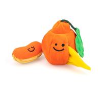 Furry Fables Jouet interactif en peluche pour chien, forme mandarine avec poches à friandises, couineur et papier froissé, design détachable pour stimulation mentale du chien, jouet à renifler pour