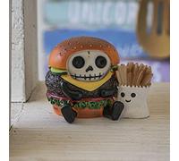 Furrybones Burger Signature Squelette dans un costume de hamburger avec une commande de frites sur le côté