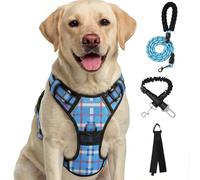 FURRYFECTION Harnais Anti-Traction Réfléchissant À Carreaux Bleus Taille L | Tissu Oxford résistant, poignée rembourrée, 4 sangles réglables, 2 clips de laisse, sans étranglement pour chiens