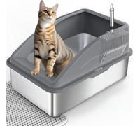 FURTIME Bac à litière pour chat en acier inoxydable XXL 30 L avec pelle à litière pour chat et tapis double couche, anti-fuite, XXL, 58 x 37 x 28,5 cm