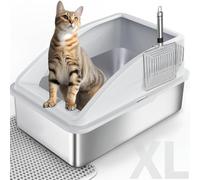 FURTIME Bac à Litière pour Chat, XXL Bac Litiere en Acier Inoxydable, Design Ouvert Facile à Nettoyer, avec 30 L Grande Capacité, avec Pelle à Litière en Acier, 58 x 37 x 28.5 cm