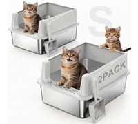 FURTIME Lot de 2 bacs à litière en acier inoxydable avec couvercle à côtés hauts, bac à litière en métal pour petits chats, bac à litière antiadhésif, inodore, anti-fuite, comprend une pelle et un