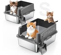 FURTIME Lot de 2 bacs à litière en acier inoxydable avec couvercle à côtés hauts, bac à litière en métal pour petits chats, bac à litière antiadhésif, inodore, anti-fuite, comprend une pelle et un