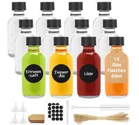 Furuising 12 Pièces Mini Bouteille Verre 60ml, Petite Bouteille en Verre Vide, Réutilisables Miniatures Bouteilles avec Bouchons Noirs, Stylo, Pendentif, Entonnoir pour Gingembre, Liqueur, Boissons