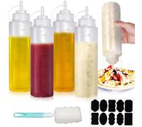 Furuising 4Pcs Bouteille Sauce 680ml, Grandes Bouteille à Condiments, Transparent Recipient Sauce, Flacon Sauce, Flacon Souple en Plastique avec Brosse et Autocollants pour Ketchup BBQ Huile D'Olive