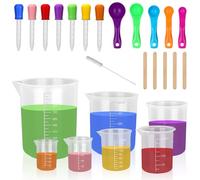 Furuising Lot de 25 Verres Doseurs en Plastique, 7 Pièces 1000/500/250/200/150/100/50ml Becher Gradué Transparent Gobelet Doseur avec Compte Gouttes et Cuillère Doseuse pour Laboratoire de Cuisine