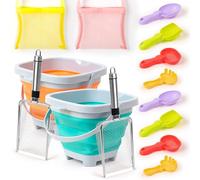 FurUlixty Lot de 14 jouets de sable de plage avec pelles en acier inoxydable, tamis à dents de requin et sacs en maille - Jouets de sable durables pour la plage, les vacances à la plage en famille
