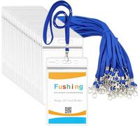 Fushing Lot de 50 porte-badges verticaux en plastique transparent avec cordon tour de cou bleu avec crochet pivotant pour école, festival, événement (M)
