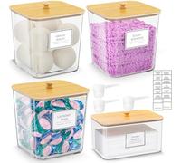 FUSHITON Rangement pour Capsules de Lessive, Set 3+1 Boîtes Transparentes avec Couvercle en Bambou, Inclut Étiquettes et Cuillères de Mesure