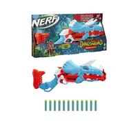 Nerf DinoSquad Tricera-blast Blaster, ouverture 3 fléchettes, 12 fléchettes Nerf, rangement de fléchettes, motif dinosaure tricératops