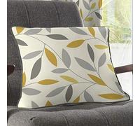 Fusion - Coussin Feuille Floral Gris/Ocre (43 x 43 cm) - 100% Coton - Rembourrage Inclus - Coussin à Bord Passepoil - Rideaux Assortis Disponibles - Coussin Gris/Jaune avec Rembourrage