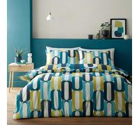 Fusion - Housse de Couette Bleue aux Formes rétro années 70 - Lit Double (200 x 200 cm) - Funky Hula Hoops - Facile d'entretien et Lavable - Housse de Couette Bleue avec imprimé Cercle géométrique -