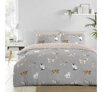 Fusion - Housse de Couette Chat Gris 200 x 200 cm - 2 Taies d'Oreiller - Design Réversible (Beige et Gris) - Imprimé Patte - Cadeau pour Femme