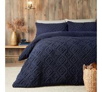 Fusion - Housse de Couette en Polaire Bleu Marine - Lit Simple (140 x 200 cm) - Design réversible - Housse de Couette Jacquard Bleu foncé - Parure de lit touffetée carrée géométrique - Polaire Douce