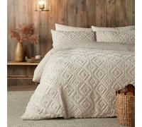 Fusion - Housse de Couette en Polaire crème Naturelle - Lit Double (200 x 200 cm) - Design réversible - Housse de Couette Jacquard en Lin Beige - Parure de lit touffetée carrée géométrique - Polaire