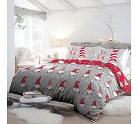 Fusion - Housse de Couette Gonk de Noël Rouge - 230 x 220 cm - Réversible (2 Couleurs) - 100% Coton - 2 Taies d'oreiller Incluses - Housse de Couette Nain de Noël - Parure de Lit de Noël (Rouge/Gris)
