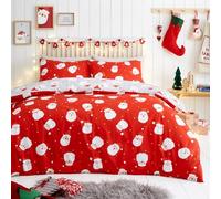 Fusion - Housse de Couette Happy Santa Claus - 140 x 200 cm - Réversible (2 Couleurs) 1x Taie d'oreiller Incluse - Entretien Facile - Literie de Noël Rouge avec Père Noël - Décoration de Noël