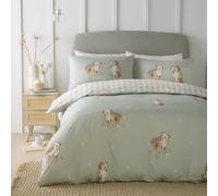 Fusion - Housse de Couette Hattie The Cockapoo - Lit Simple (140 x 200 cm) - Motifs réversibles (Vichy) - 1 taie d'oreiller - Parure de lit Verte avec Chiens - Housse de Couette à Carreaux/Carreaux