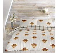 Fusion - Housse de Couette Highland Cow - 200 x 200 cm - 2 taies d'oreiller - Réversible - Parure de lit Tartan crème Naturelle/Housse de Couette en Flanelle - Literie Vache de Ferme - Cadeaux Vache
