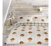 Fusion - Housse de Couette Highland Cow - 230 x 220 cm - 2 taies d'oreiller - Réversible - Parure de lit Tartan crème Naturelle/Housse de Couette en Flanelle - Literie Vache de Ferme - Cadeaux Vache