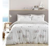 Fusion - Housse de couette nautique naturelle - Lit simple (140x200 cm) - Réversible (2 motifs) - Bord de mer/bateau à voile - Literie blanche et naturelle