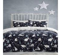 Fusion - Housse de Couette Noël Nuit Étoilée et Ours Polaire - 200 x 200 cm - Design Réversible - 2X Taies d'oreiller - Literie Bleu Marine avec Ours et Arbres Arctiques - Literie de Noël