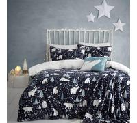 Fusion - Housse de Couette Noël Nuit étoilée et Ours Polaire - 230 x 220 cm - Design réversible - 2 taies d'oreiller - Parure de lit Bleu Marine avec Ours et Arbres arctiques - Parure de lit de Noël