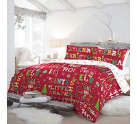 Fusion - Housse de Couette Phrases de Noël - 200 x 200 cm - Réversible (2 Designs) - 2X Taies d'oreiller Incluses - Housse de Couette Flocons de Neige - Literie de Noël en Rouge et Blanc