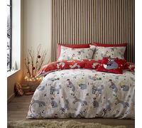 Fusion - Housse de Couette Renard de Noël Réversible 200 x 200 cm - 2 Taies d'Oreiller - Literie Festive Renards des Bois - Naturel et Rouge