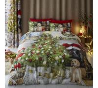 Fusion Parure de lit motif chiens de Noël - Lit simple 140 x 200 cm - Imprimé chiots et sapin de Noël - Parure de lit réversible festive - 1 taie d'oreiller - Entretien facile - Style traditionnel