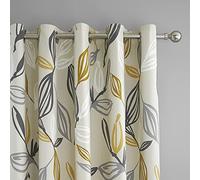 Fusion - Rideaux à Feuilles Gris et Ocre 168 x 229 cm - 2 Panneaux 100% Coton - Œillets Jaunes - Tentures Insonorisées pour Chambre à Coucher