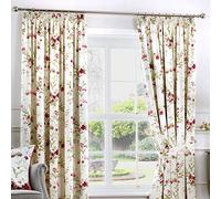Fusion - Rideaux Floraux Blancs Vintage 168 x 183 cm - 100% Coton - 2 Panneaux Plissés avec Fleurs Rouges - Blanc/Rouge - Collection Jeannie
