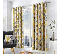 Fusion - Rideaux géométriques Gris et Jaune 168 x 229 cm - 100% Coton - 2 Panneaux - Rideaux à œillets en Ocre/Gris - Rideaux en Forme de Cercle - Rideaux rétro pour Chambre à Coucher