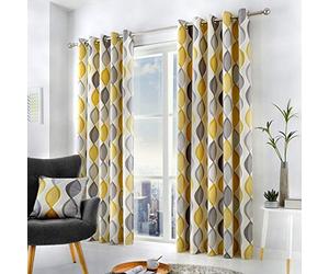 Fusion - Rideaux géométriques Gris et Jaune 229 x 229 cm - 100% Coton - 2 Panneaux - Rideaux à œillets en Ocre/Gris - Rideaux en Forme de Cercle - Rideaux rétro pour Chambre à Coucher