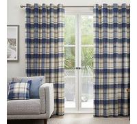 Fusion - Rideaux Tartan Bleu 168 x 229 cm - 100% Coton - 2 Panneaux - Rideaux à Carreaux Bleu Saphir - Rideaux à œillets Bleus à Motif écossais - Rideaux Bleu foncé pour Salon/Chambre à Coucher