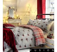 Fusion "Robin Classic, Set de Housse de Couette en Tissu Ecossais Devant et Oiseaux sur l'envers, Housse de Couette, Coton, Multicolore, King