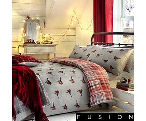 Fusion "Robin Classic, Set de Housse de Couette en Tissu Ecossais Devant et Oiseaux sur l'envers, Housse de Couette, Coton, Multicolore, Simple