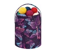 Fustylead Beau sac à cordon de serrage avec compartiment avant personnalisé, grand panier de rangement portable pour projet de crochet, kit, pelote de fil, aiguilles et papillons violets et fluo