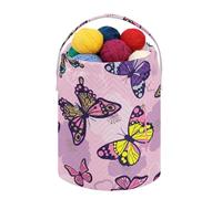 Fustylead Beau sac à cordon de serrage avec compartiment avant personnalisé, grand panier de rangement portable pour projet de crochet, kit, pelote de fil, aiguille et papillons roses et violets