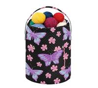 Fustylead Beau sac à cordon de serrage avec compartiment avant personnalisé, grand panier de rangement portable pour projet de crochet, pelote de fil, aiguille et papillons violets et fleurs de