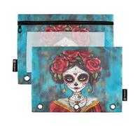 Fustylead Beautiful Day of The Dead Catrina Lot de 2 trousses à crayons avec roses rouges pour classeurs standard à 3 anneaux, fermeture éclair avec fenêtre transparente pour bureau, école