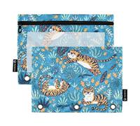 Fustylead Blue Garden and Tiger Lot de 2 trousses à crayons de grande capacité pour classeurs à 3 anneaux, trousse étanche avec fenêtre transparente pour fournitures de bureau, bleu